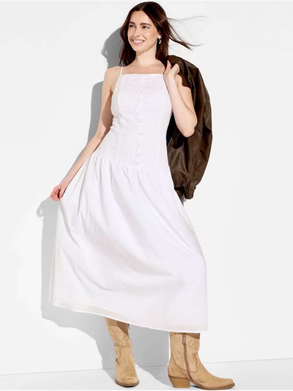 Wild Fable: White Square-Neck Maxi Dress with Spaghetti Straps